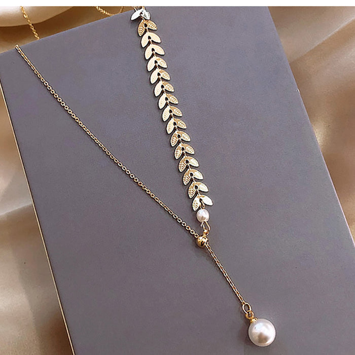 18K Solid Gold O Chain Wheat Necklace Natural Pearl Beautiful Charm Jewelry