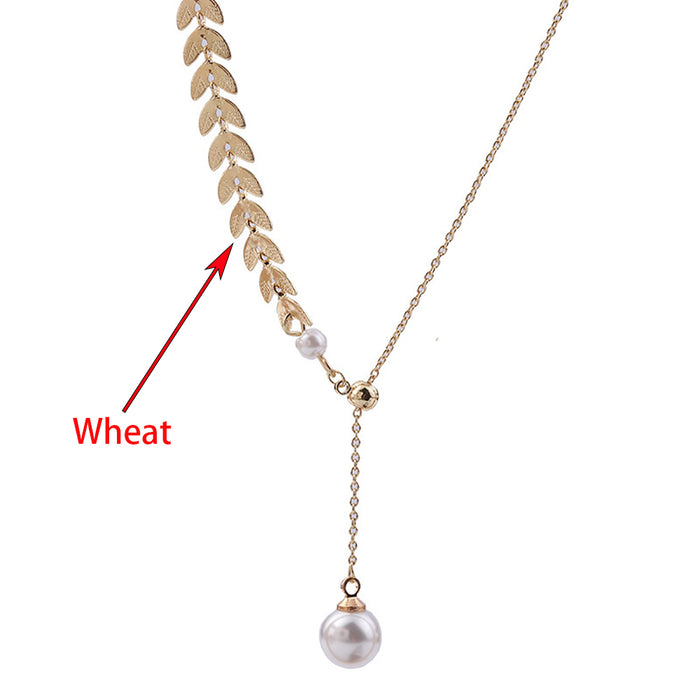 18K Solid Gold O Chain Wheat Necklace Natural Pearl Beautiful Charm Jewelry