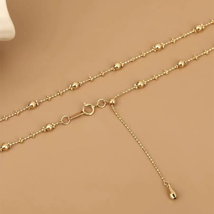 18K Solid Gold Bead Chain Necklace Glossy Charm Choker Jewelry Stamped Au750