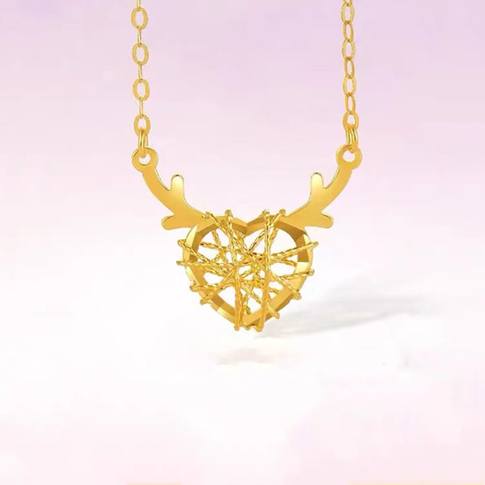 18K Solid Gold O Chain Pendant Necklace Antler Heart Charm Choker Jewelry Stamped Au750