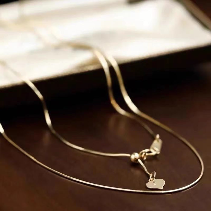 18K Solid Gold Thin Snake Bone Chain Necklace Heart Beautiful Jewelry Adjustable