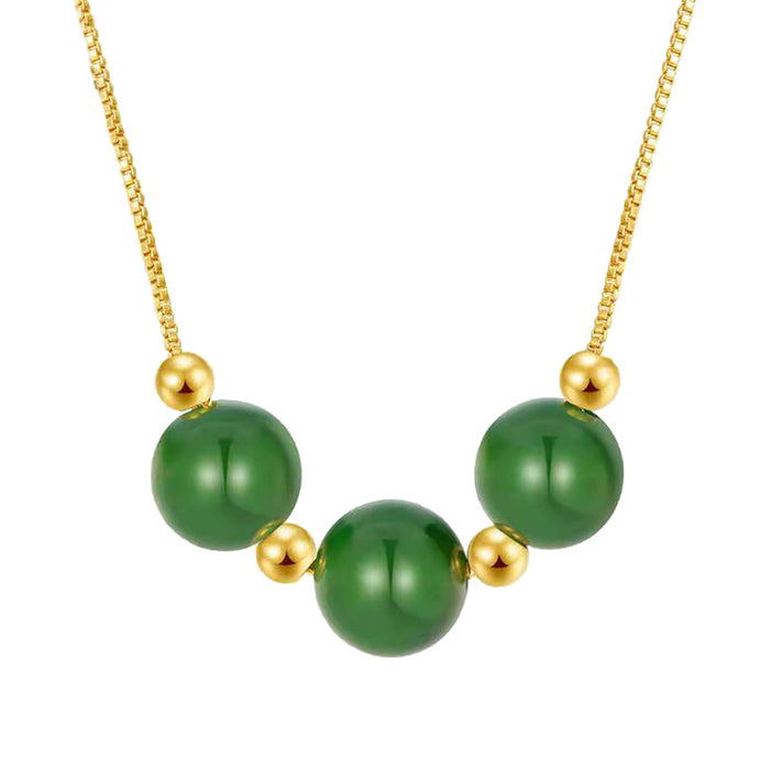 18K Solid Gold Box Chain Necklace Jade Bead Beautiful Charm Jewelry