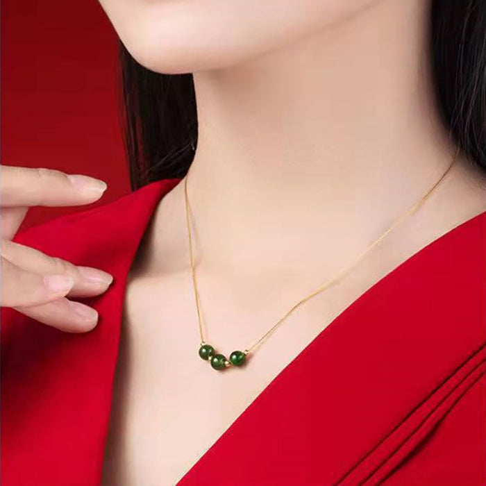 18K Solid Gold Box Chain Necklace Jade Bead Beautiful Charm Jewelry