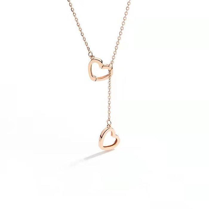 18K Solid Rose Gold O Chain Beautiful Double Loving Heart Pendant Necklace Jewelry 18"