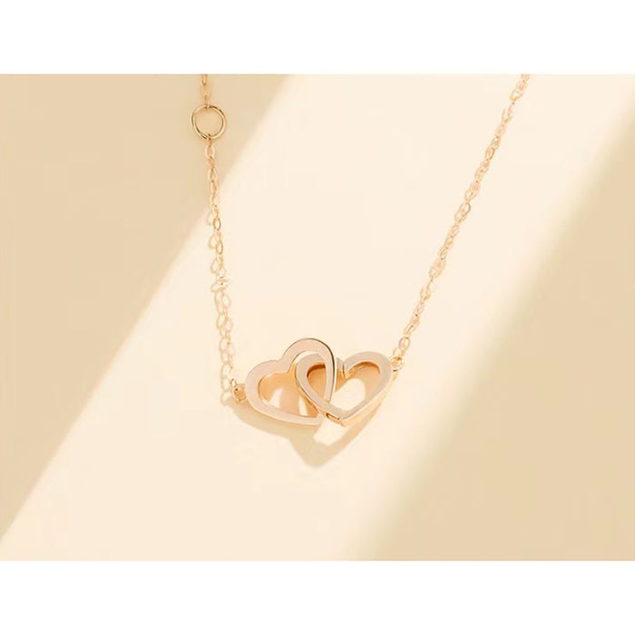 18K Solid Rose Gold O Chain Beautiful Double Loving Heart Pendant Necklace Jewelry 18"
