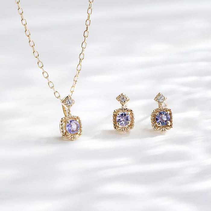 9K Solid Gold O Chain Pendant Necklace Natural Square Tanzanite Beautiful Charm Jewelry