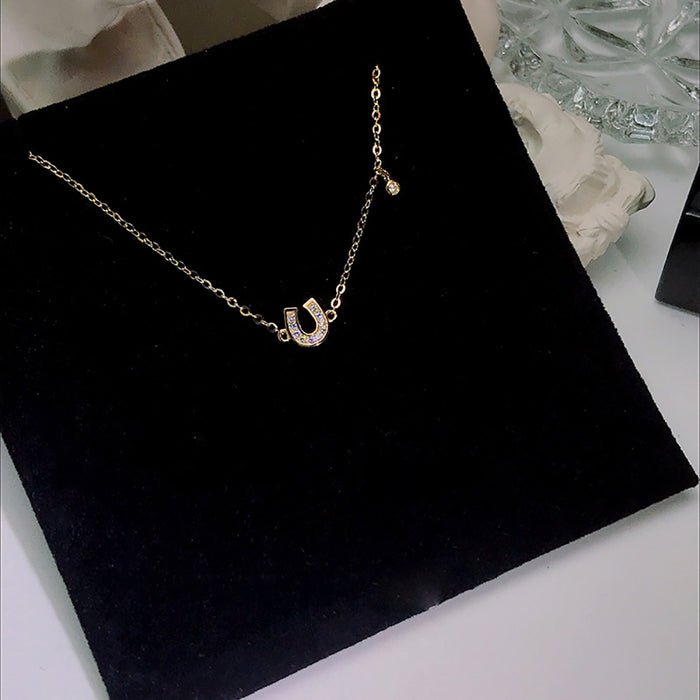 14K Solid Gold O Chain Pendant Necklace Moissanite Horseshoe Charm Choker Jewelry