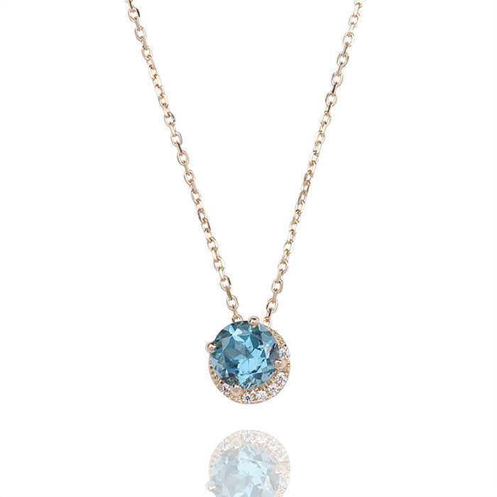 9K Solid Gold O Chain Diamond Pendant Necklace London Blue Topaz Moon Charm Jewelry