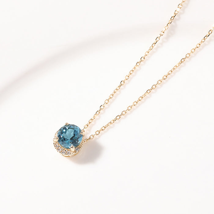 9K Solid Gold O Chain Diamond Pendant Necklace London Blue Topaz Moon Charm Jewelry