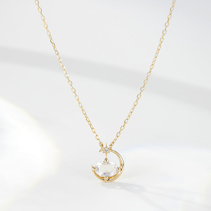 9K Solid Gold O Chain Diamond Pendant Necklace Moonstone Moon Star Charm Jewelry