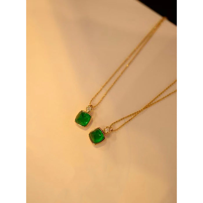 18K Solid Gold Bead Chain Natural Emerald Diamond Pendant Necklace Square Sugar Jewelry