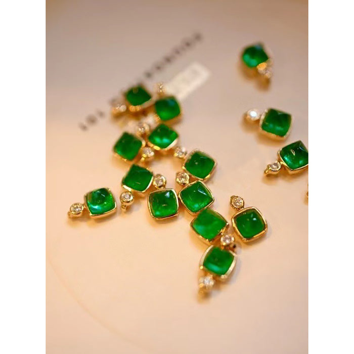 18K Solid Gold Bead Chain Natural Emerald Diamond Pendant Necklace Square Sugar Jewelry