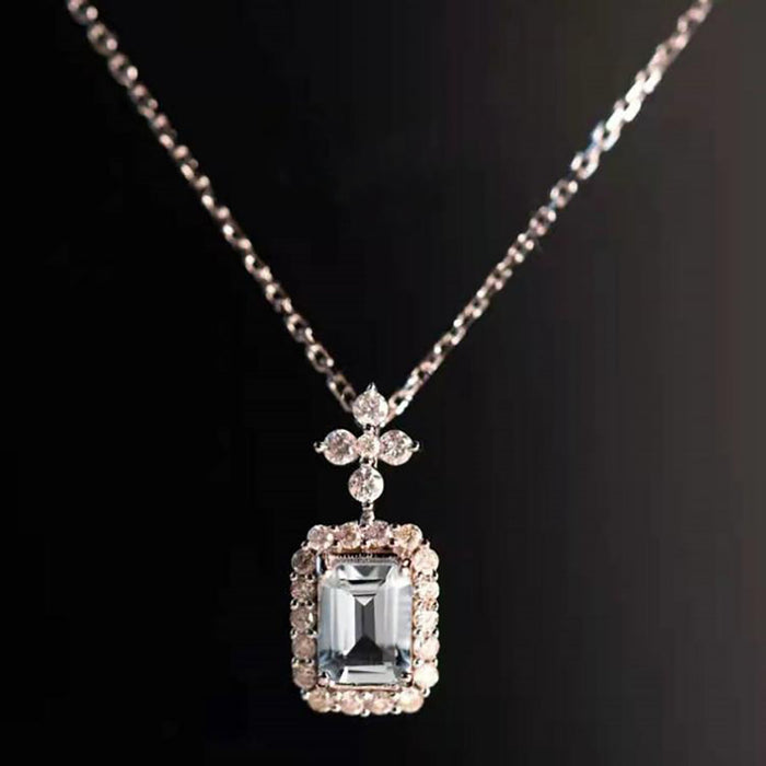 9K Solid Gold Natural Aquamarine Diamond Pendant Necklace Cross Rectangle Charm Jewelry
