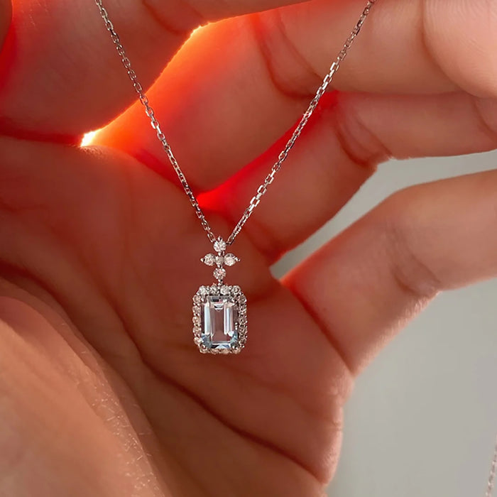 9K Solid Gold Natural Aquamarine Diamond Pendant Necklace Cross Rectangle Charm Jewelry