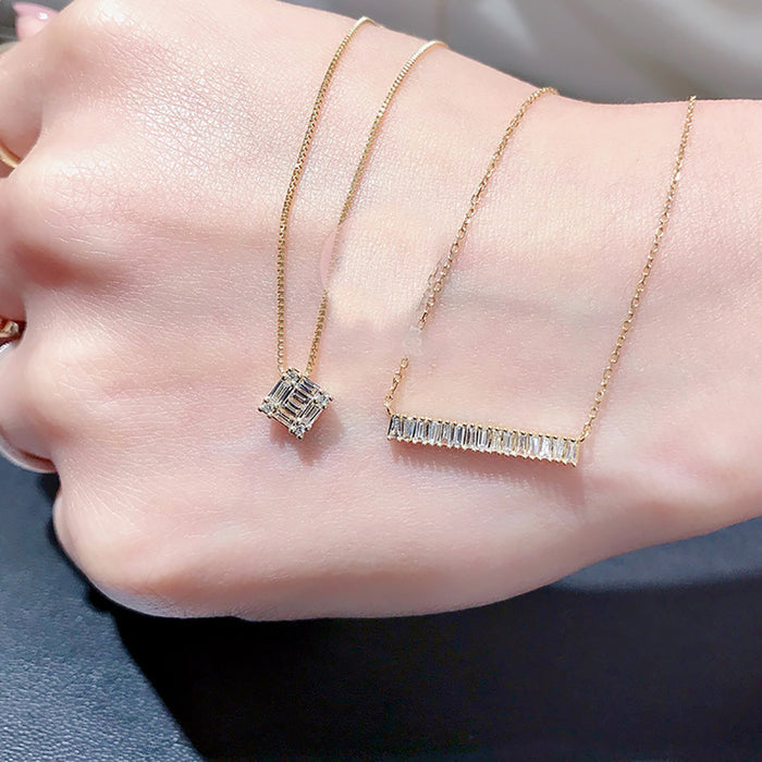 9K Solid Gold O Chain Diamond Pendant Necklace Bar Balance Beam Beautiful Charm Jewelry