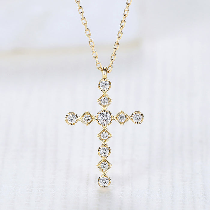 18K Solid Gold Natural Diamond Pendant Necklace Cross Beautiful Charm Jewelry