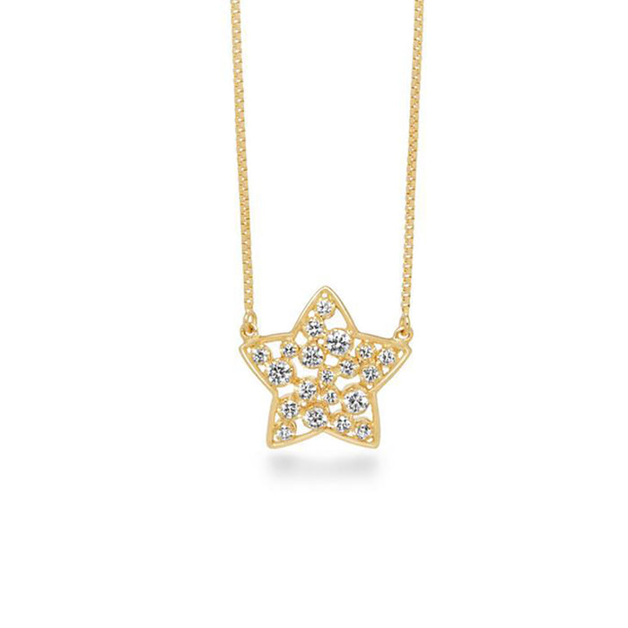 9K 18K Solid Gold Box Chain Diamond Pendant Necklace Pentagram Star Beautiful Jewelry