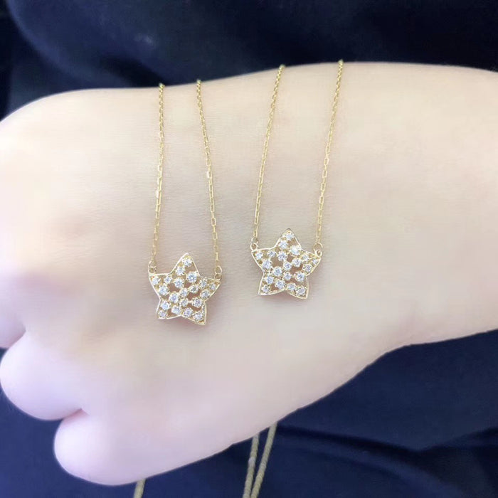 9K 18K Solid Gold Box Chain Diamond Pendant Necklace Pentagram Star Beautiful Jewelry