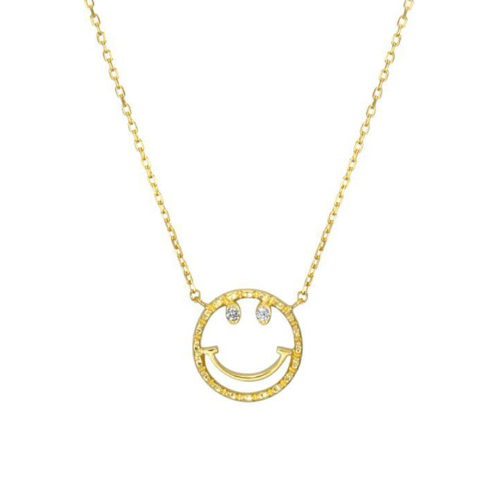 9K Solid Gold Natural Diamond Pendant Necklace Smiling Face Happy Charm Jewelry