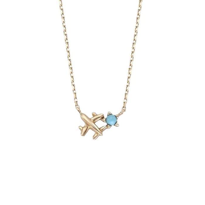 9K Solid Gold Natural Turquoise Pendant Necklace Star Airplane Travel Charm Jewelry