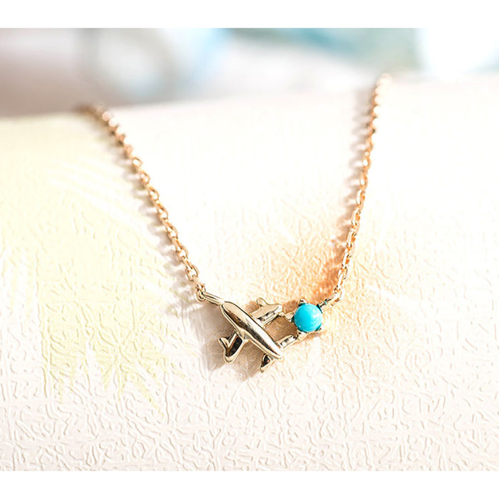9K Solid Gold Natural Turquoise Pendant Necklace Star Airplane Travel Charm Jewelry