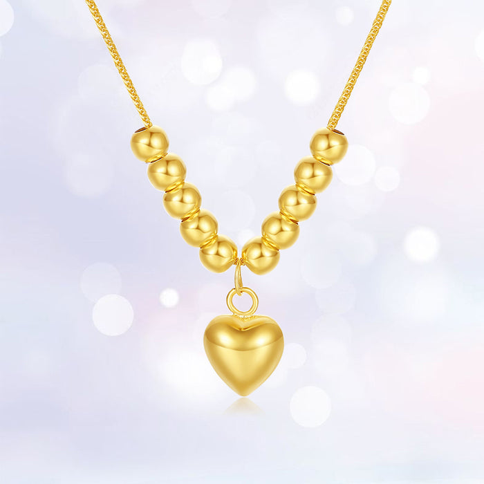 18K Solid Gold Chopin Chain Pendant Necklace Bead Loving Heart Beautiful Jewelry