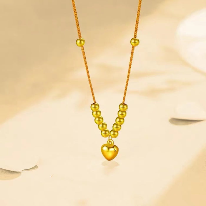 18K Solid Gold Chopin Chain Pendant Necklace Bead Loving Heart Beautiful Jewelry