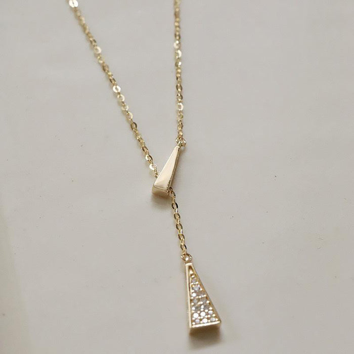 14K Solid Gold O Chain CZ Pendant Necklace Triangle Y-Shape Beautiful Jewelry