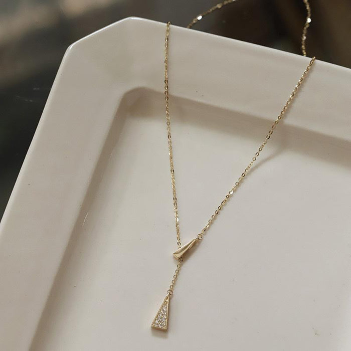 14K Solid Gold O Chain CZ Pendant Necklace Triangle Y-Shape Beautiful Jewelry