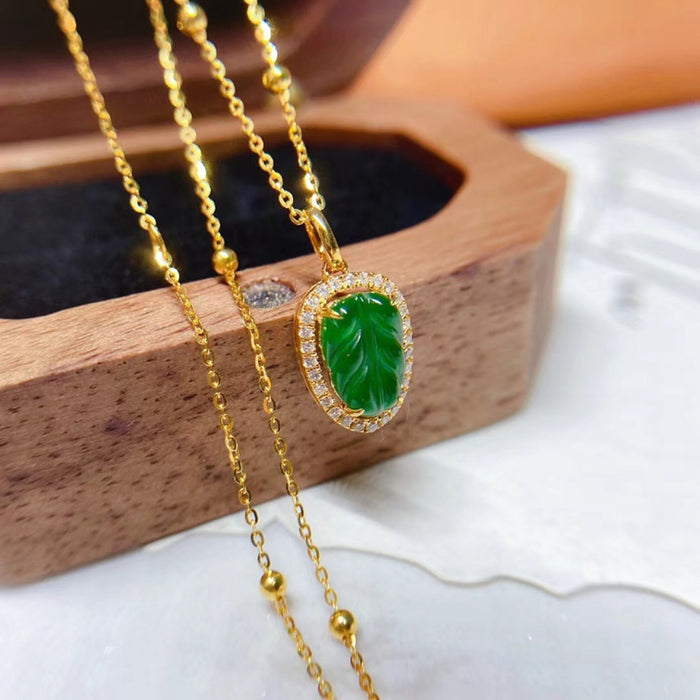 18K Solid Gold O Chain Natural Jade Jadeite Diamond Pendant Necklace Leaf Charm Jewelry