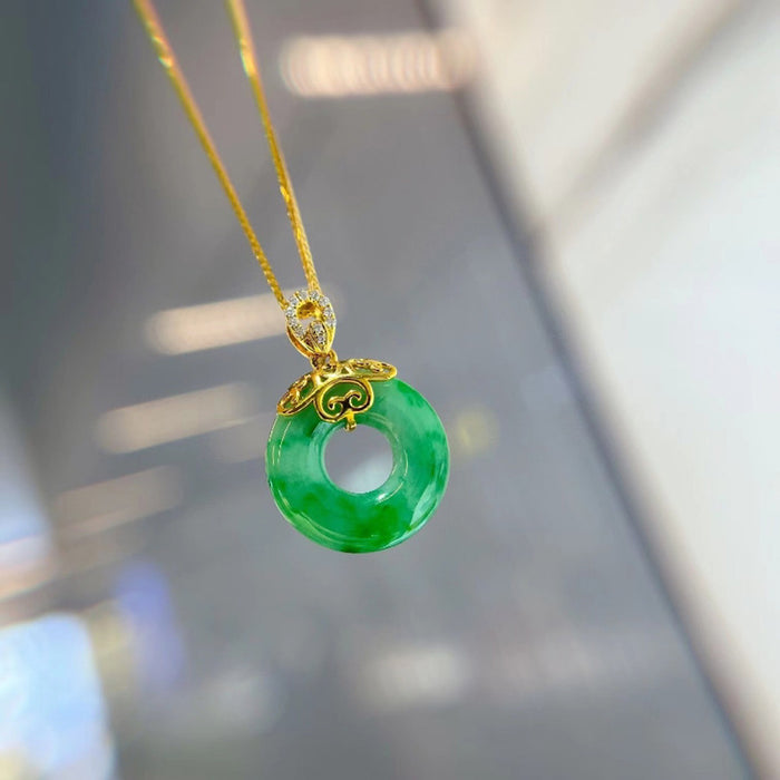 18K Solid Gold Natural Jade Jadeite Diamond Pendant Necklace Round Safe Peace Buckle Jewelry
