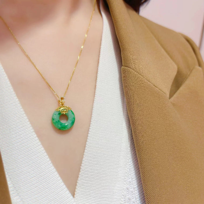 18K Solid Gold Natural Jade Jadeite Diamond Pendant Necklace Round Safe Peace Buckle Jewelry