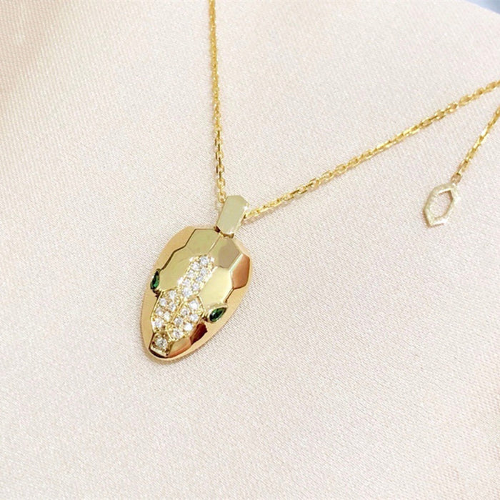 18K Solid Gold Natural Diamond Pendant Necklace Snake Head Mask Charm Jewelry