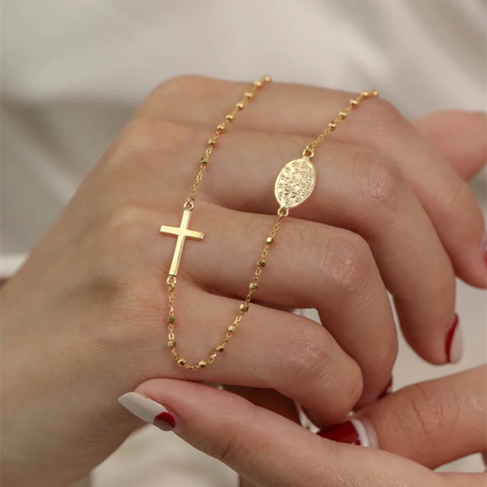 18K Solid Gold O Chain Bead Necklace Cross Virgin Mary Elegant Charm Jewelry