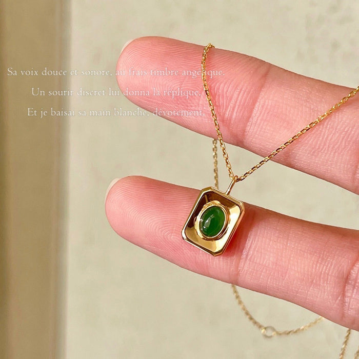 18K Solid Gold Natural Oval Jade Jadeite Pendant Necklace Rectangle Charm Jewelry
