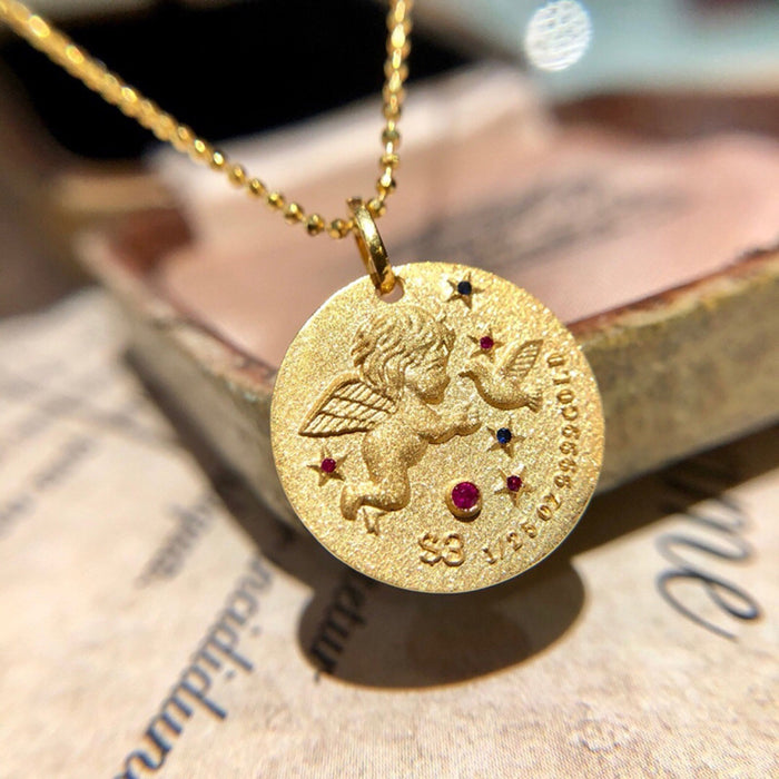 18K Solid Gold Natural Fancy Colored Sapphire Pendant Necklace Angels Round Charm Jewelry
