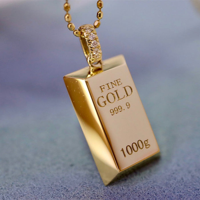 18K Solid Gold Natural Diamond Pendant Necklace Gold Bar Bullion Rectangle Jewelry