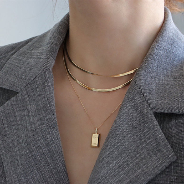 18K Solid Gold Natural Diamond Pendant Necklace Gold Bar Bullion Rectangle Jewelry