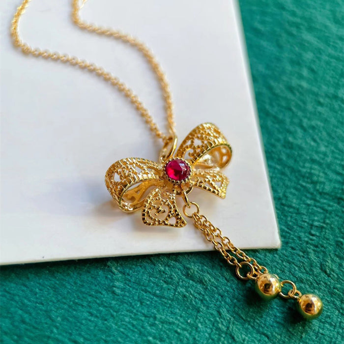 18K Solid Gold O Chain Natural Ruby Pendant Necklace Bow Tassel Charm Jewelry