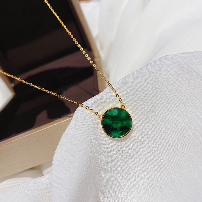 18K Solid Gold O Chain Natural 10mm Round Jade Jadeite Pendant Necklace Charm Jewelry