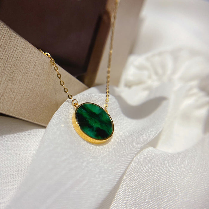 18K Solid Gold O Chain Natural 10mm Round Jade Jadeite Pendant Necklace Charm Jewelry