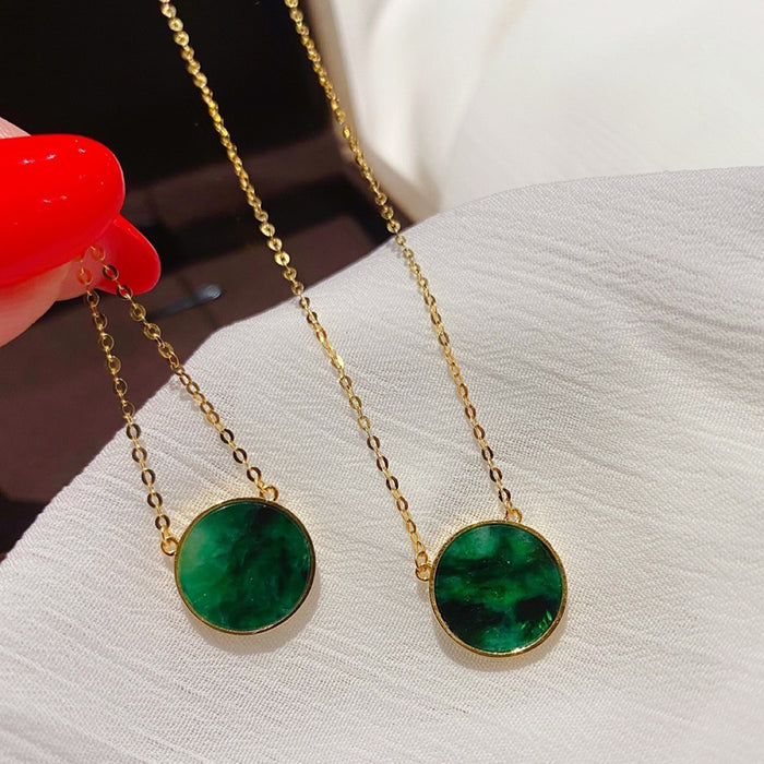 18K Solid Gold O Chain Natural 10mm Round Jade Jadeite Pendant Necklace Charm Jewelry