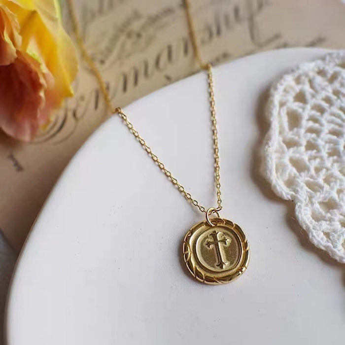 18K Solid Gold O Chain Round Cross Pendant Necklace Retro Cameo Charm Jewelry