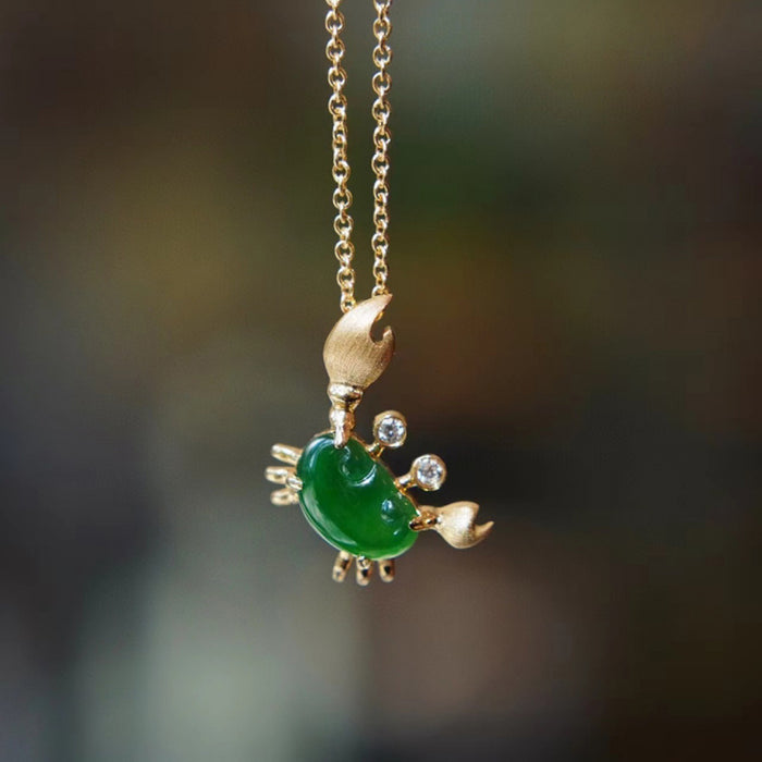 18K Solid Gold O Chain Natural Jade Jadeite Diamond Pendant Necklace Crab Cute Jewelry