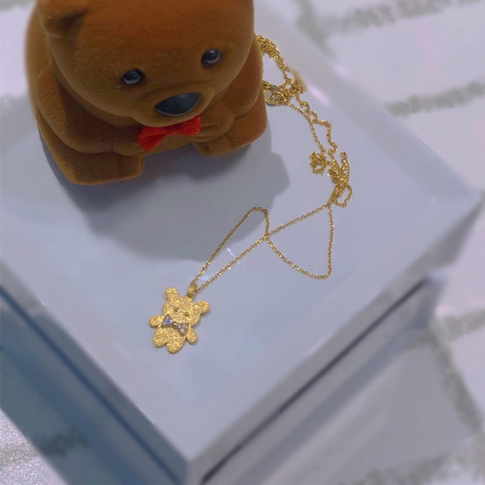 18K Solid Gold Natural Diamond Pendant Necklace Bow Bear Animals Cute Jewelry