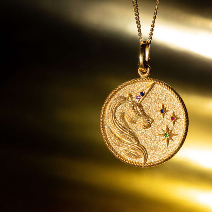 18K Solid Gold Natural Fancy Colored Sapphire Pendant Necklace Unicorn Round Charm Jewelry