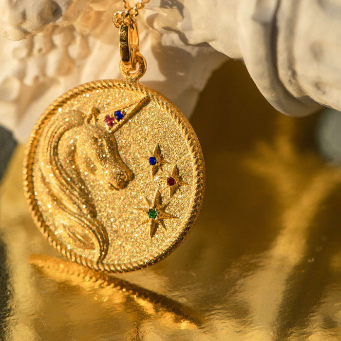 18K Solid Gold Natural Fancy Colored Sapphire Pendant Necklace Unicorn Round Charm Jewelry