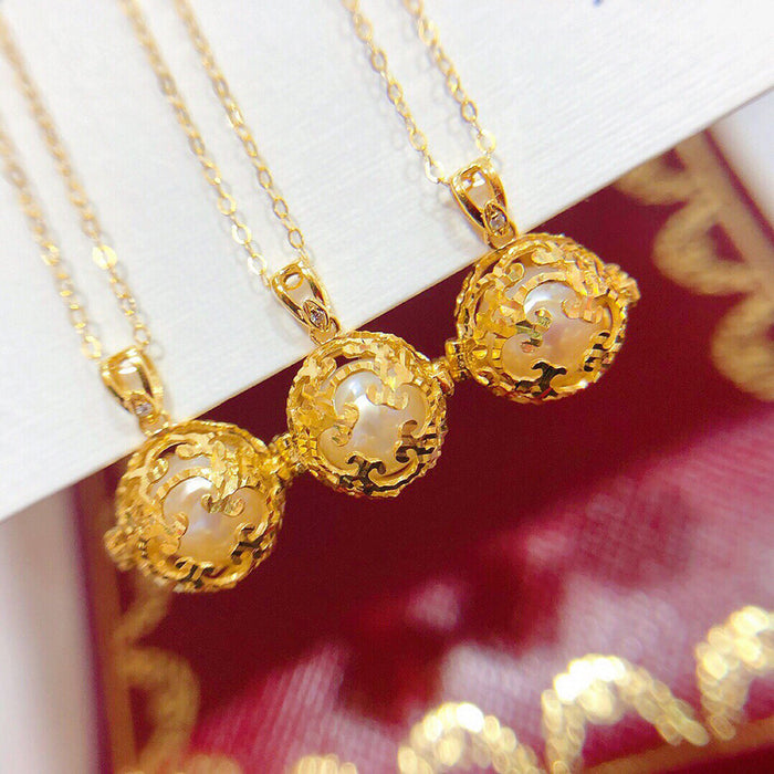 18K Solid Gold Round Natural Freshwater Pearl Pendant Necklace Hollow Hydrangea Ball Jewelry