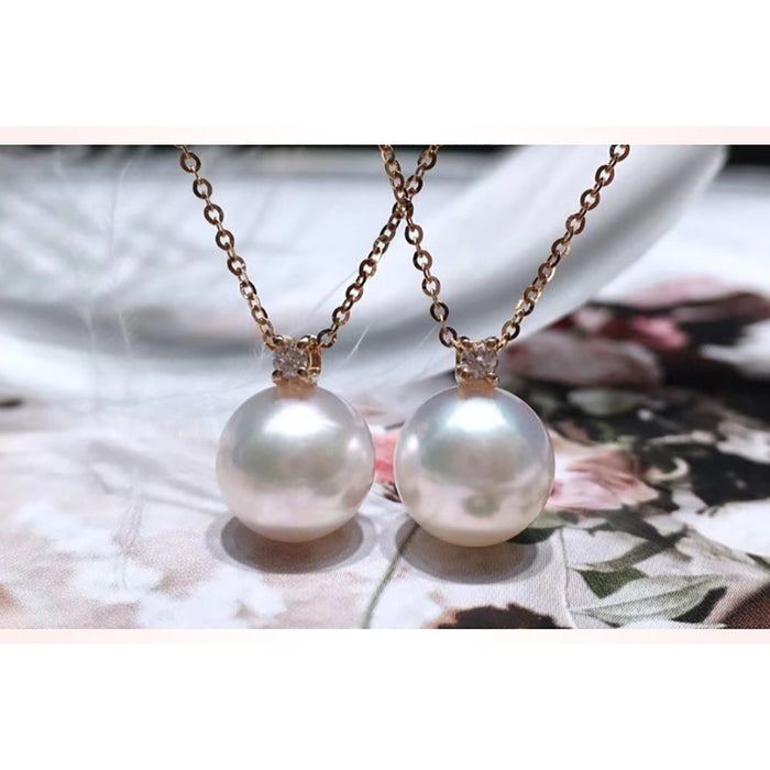 18K Solid Gold O Chain Natural Freshwater Pearl Diamond Pendant Necklace Round Charm Jewelry