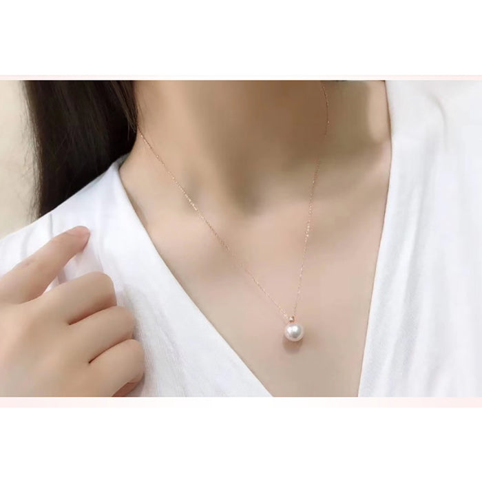 18K Solid Gold O Chain Natural Freshwater Pearl Diamond Pendant Necklace Round Charm Jewelry
